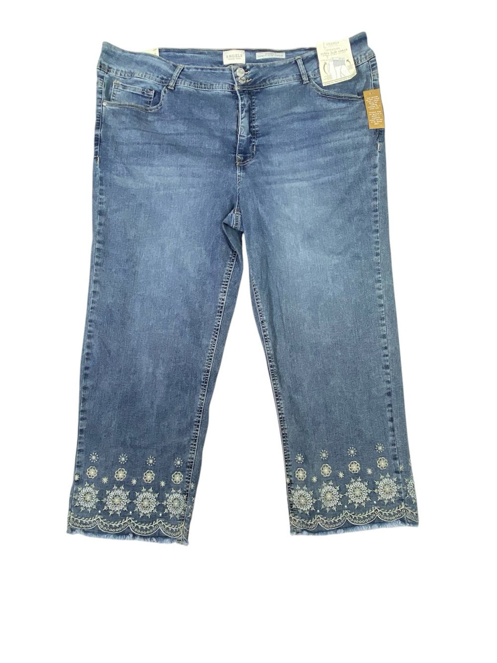 Angels Floral Embroidered Hem Jeans Women's 24W Blue Crop Curvy Slim Ankle NWT